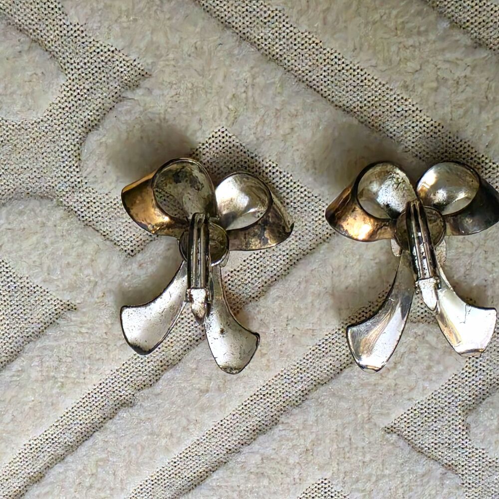 Two Tone Silver Gold Tone Metal Bow Clip-On Earrings 1.25"